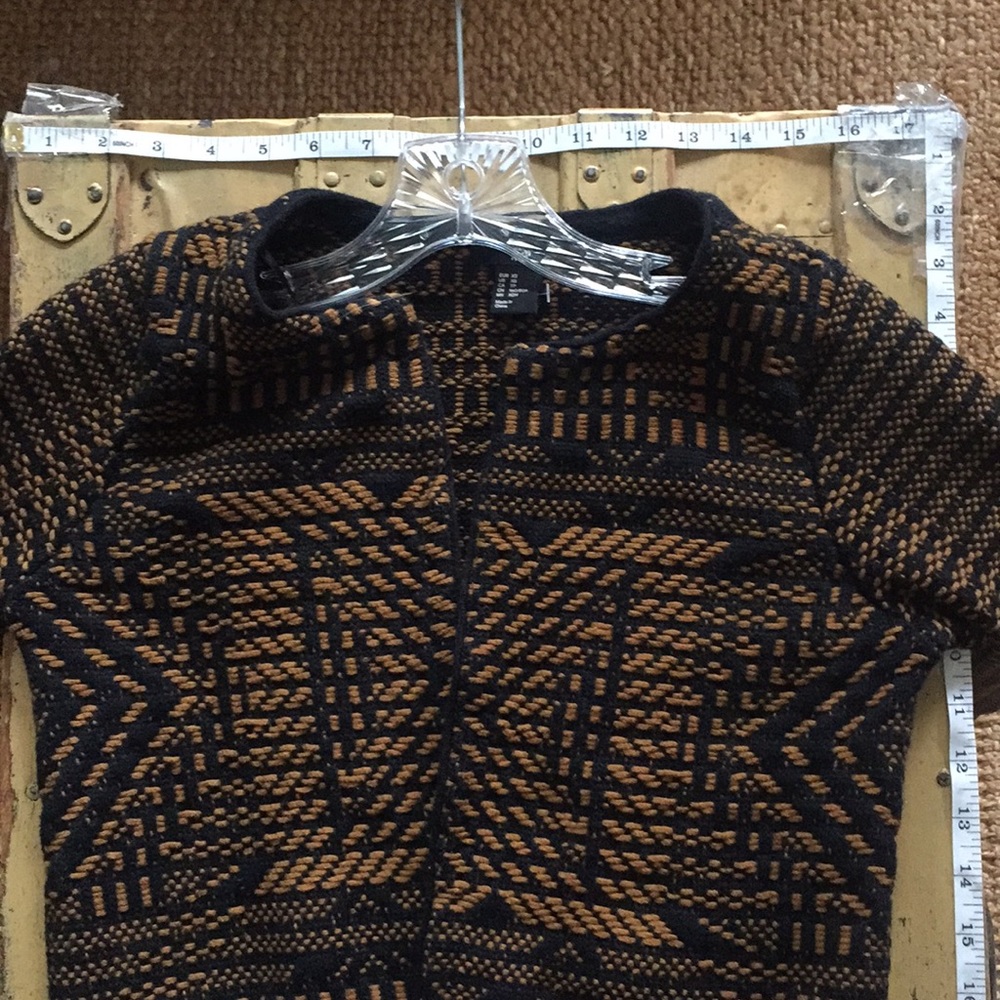 HM H&M STRETCH BOHO PATTERN OPEN WOVEN BLAZER JACKET TAN BLACK TRIBAL SOHO XS - Picture 13 of 13